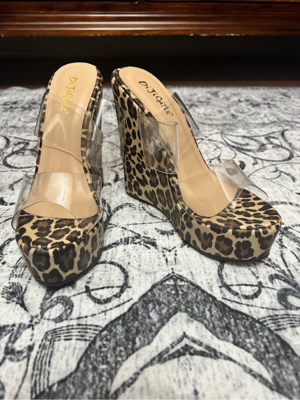 Leopard Print Clear Strap Wedge Sandals - Tan